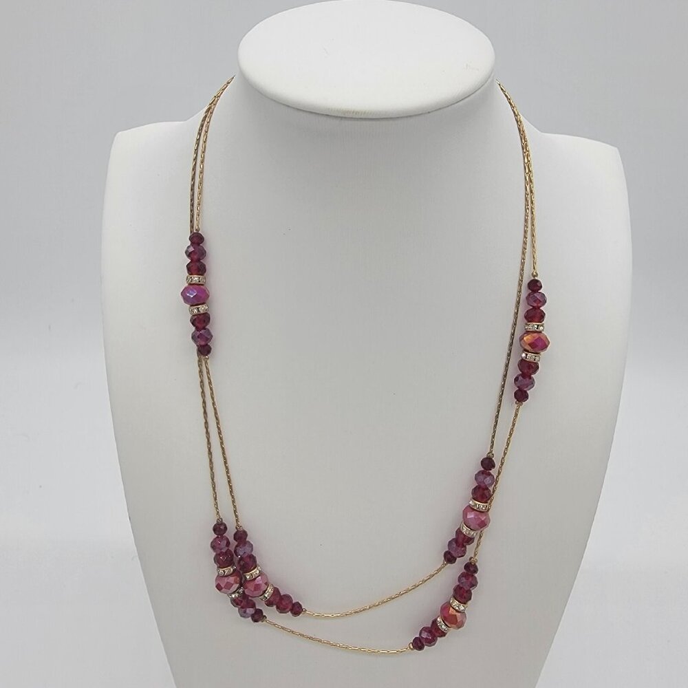 Charming Charlie Extra Long Red Tri Tone Beaded Necklace‎ Gold Chain